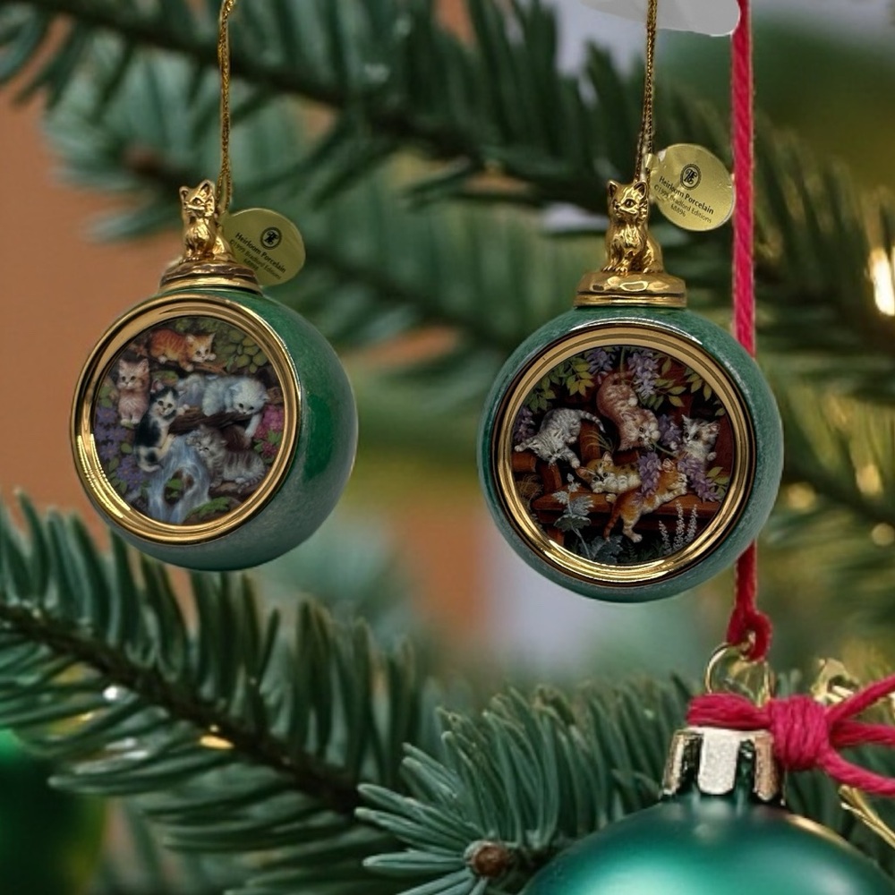 Two Bradford Exchange Ceramic Kitten Expeditions Green Ornaments W/ Tags No Box